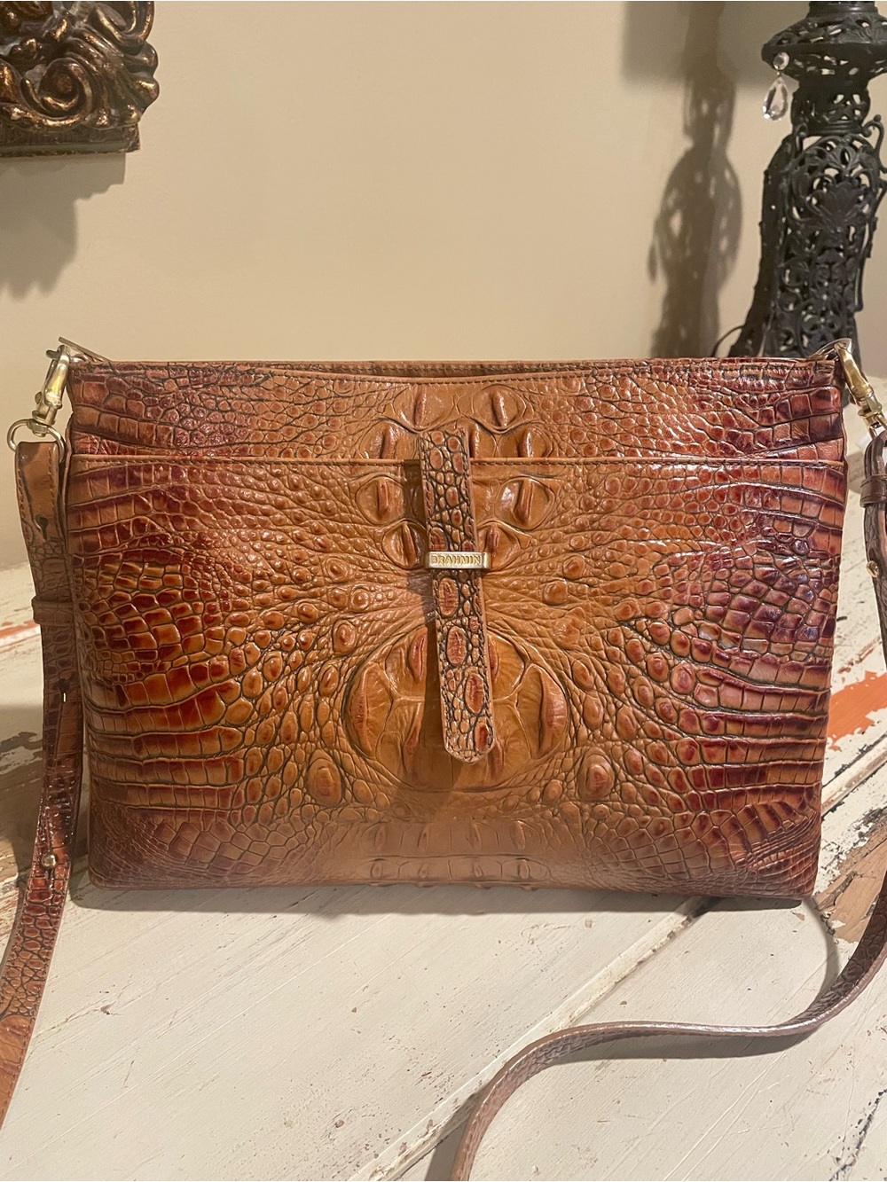 Brahmin Brown Croc-Embossed Leather Crossbody Bag